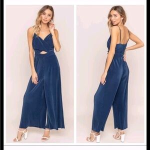 ASTR The Label Pleated Wide Leg Cutout Jumpsuit Blue XS Party Cocktail